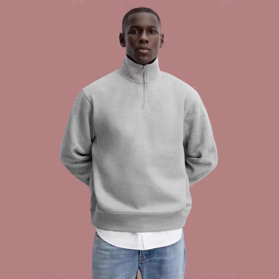 Grey half-zipped cotton sweater with stand collar and long sleeves