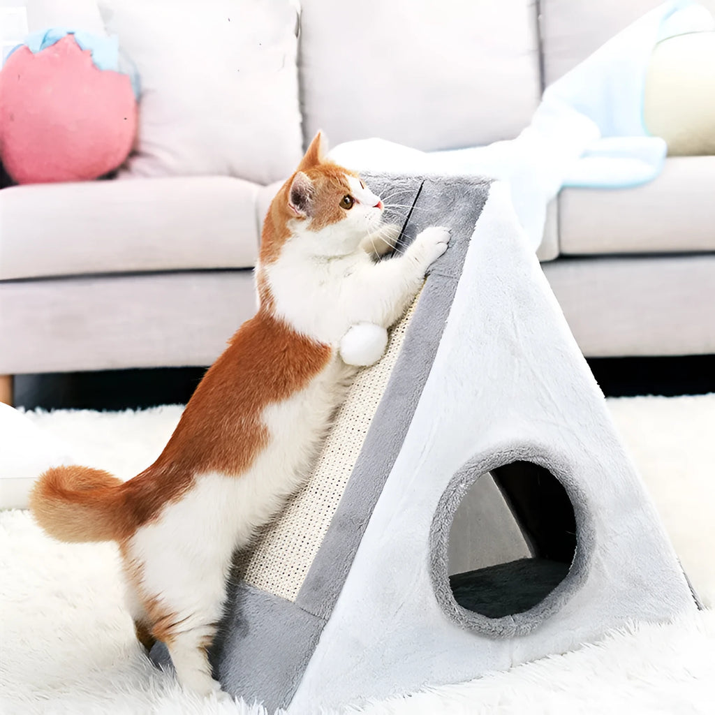 Triangular cat scratching toy and pet bed with sisal surfaces and plate fur covering in grey white colour
