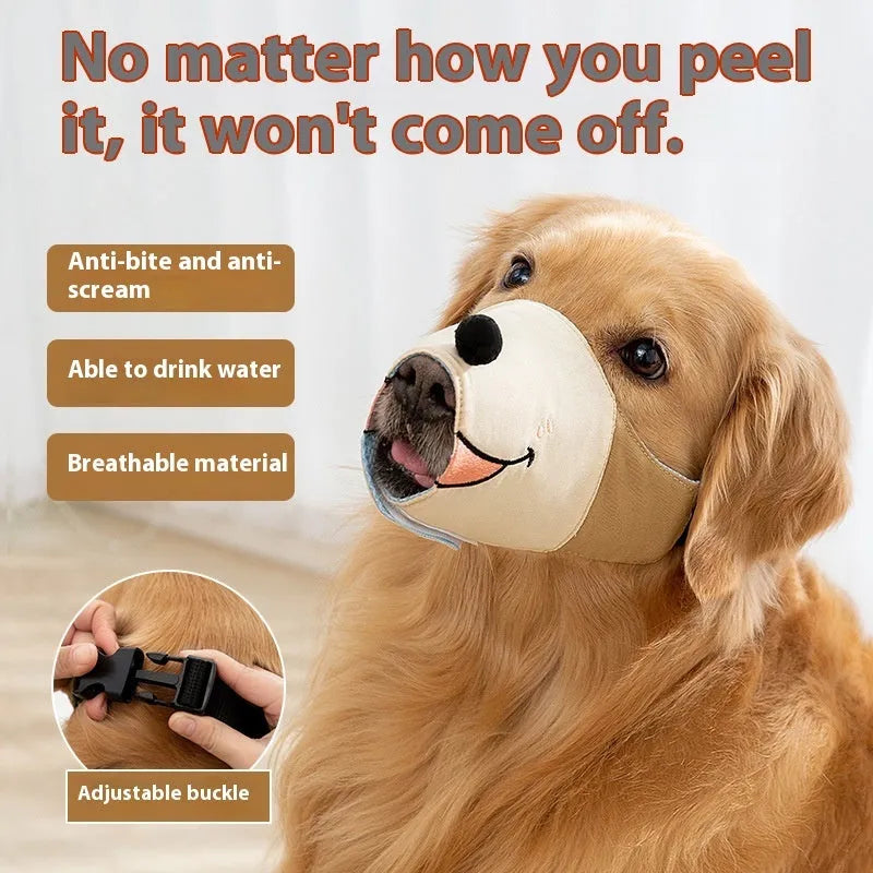 Canvas dog mouth cover muzzle in Ollie brown bear colour on a size chart