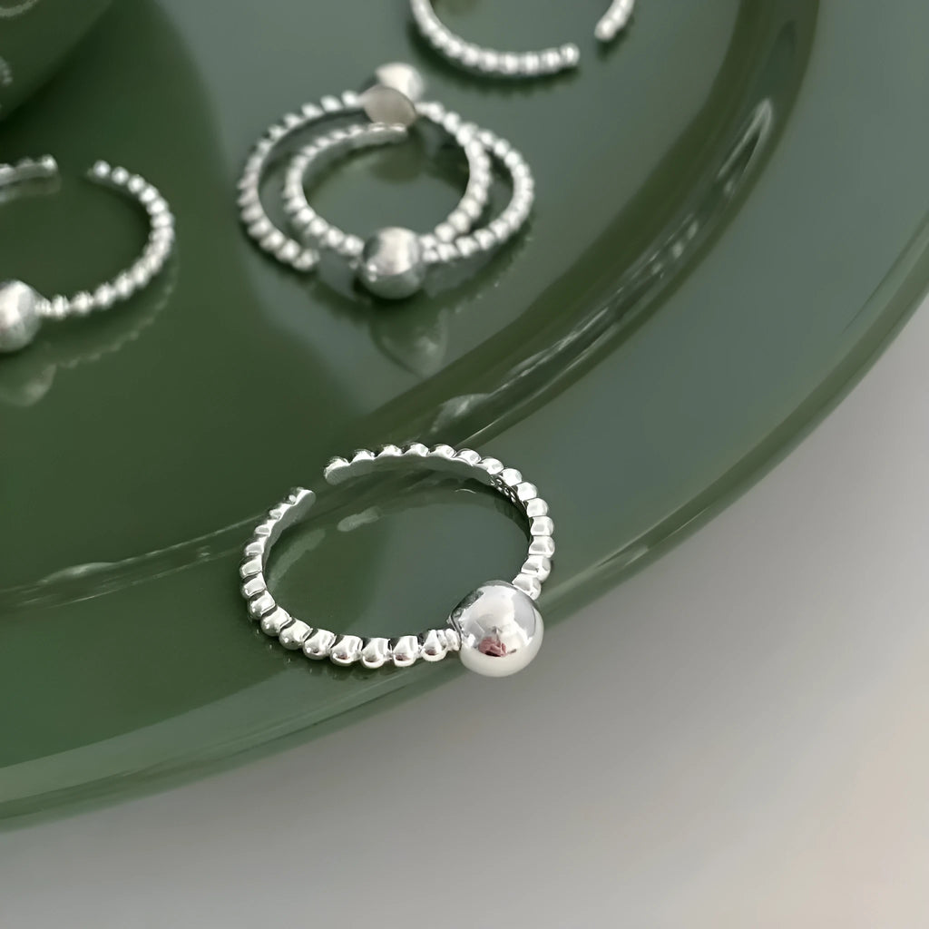 S999 pure silver round bead bean ring silver adjustable women's geometric ring polished finish