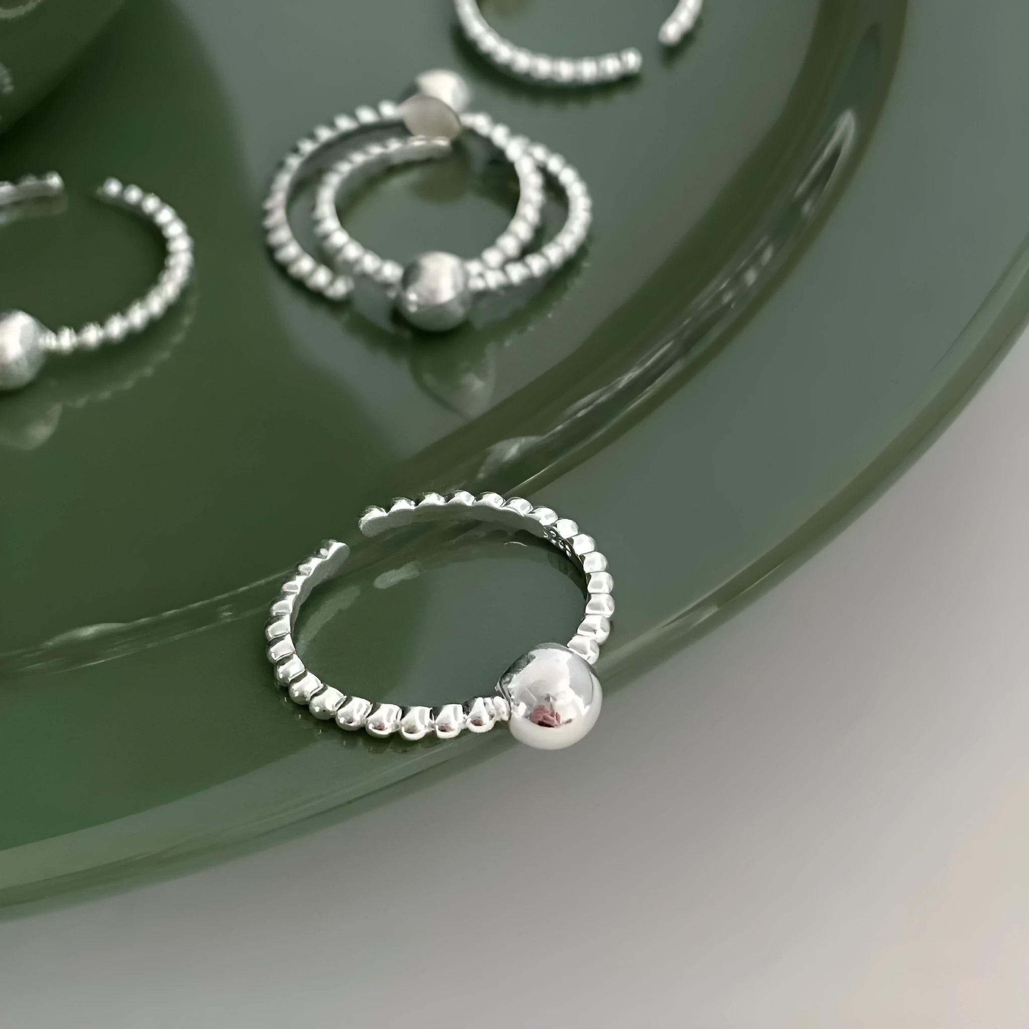 S999 pure silver round bead bean ring silver adjustable women's geometric ring polished finish