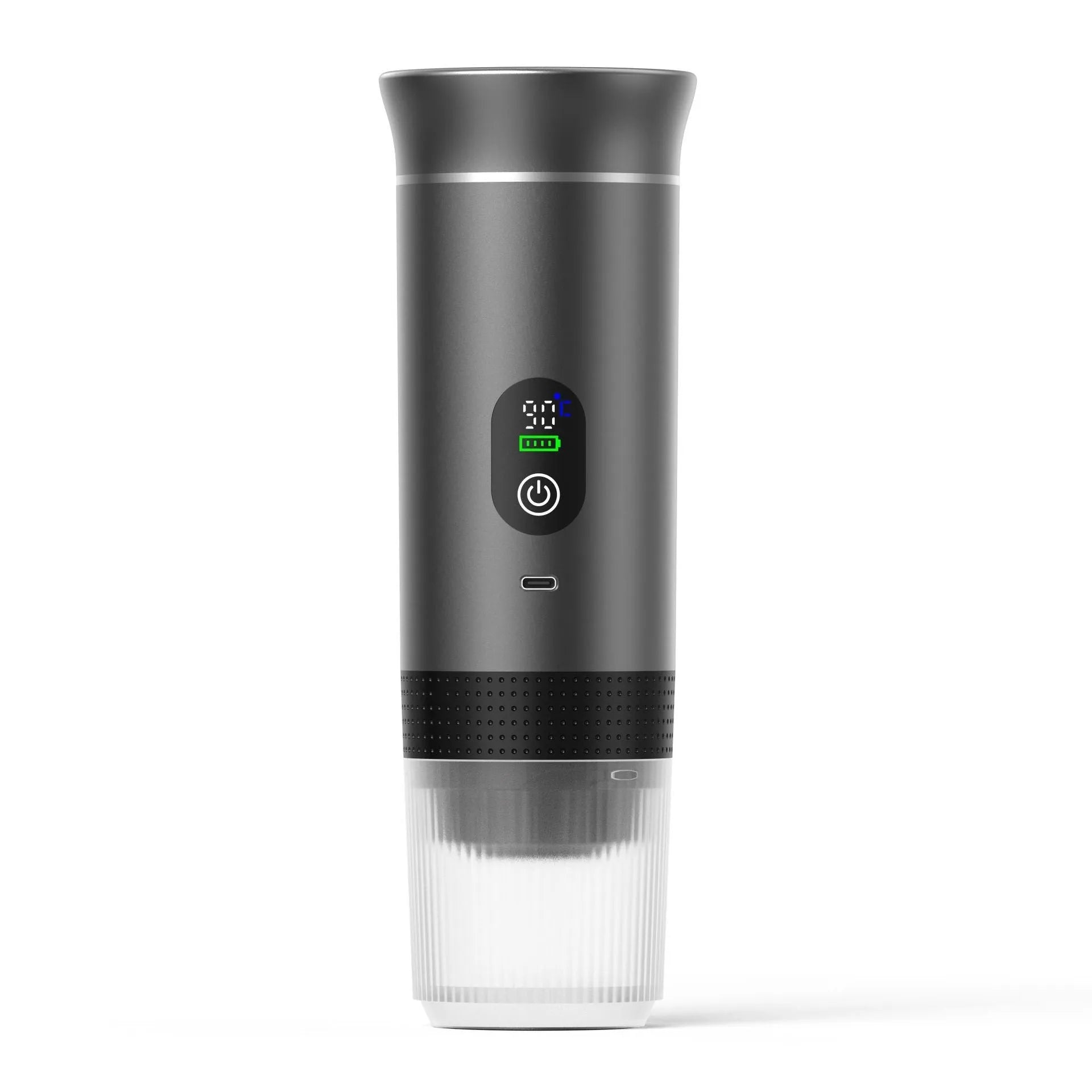 Black portable electric capsule coffee machine with LCD display for use in cars and outdoor travel