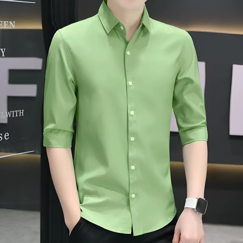 Men's slim-fit half-sleeve shirt in silk-linen blend available in multiple colours with non-iron fabric