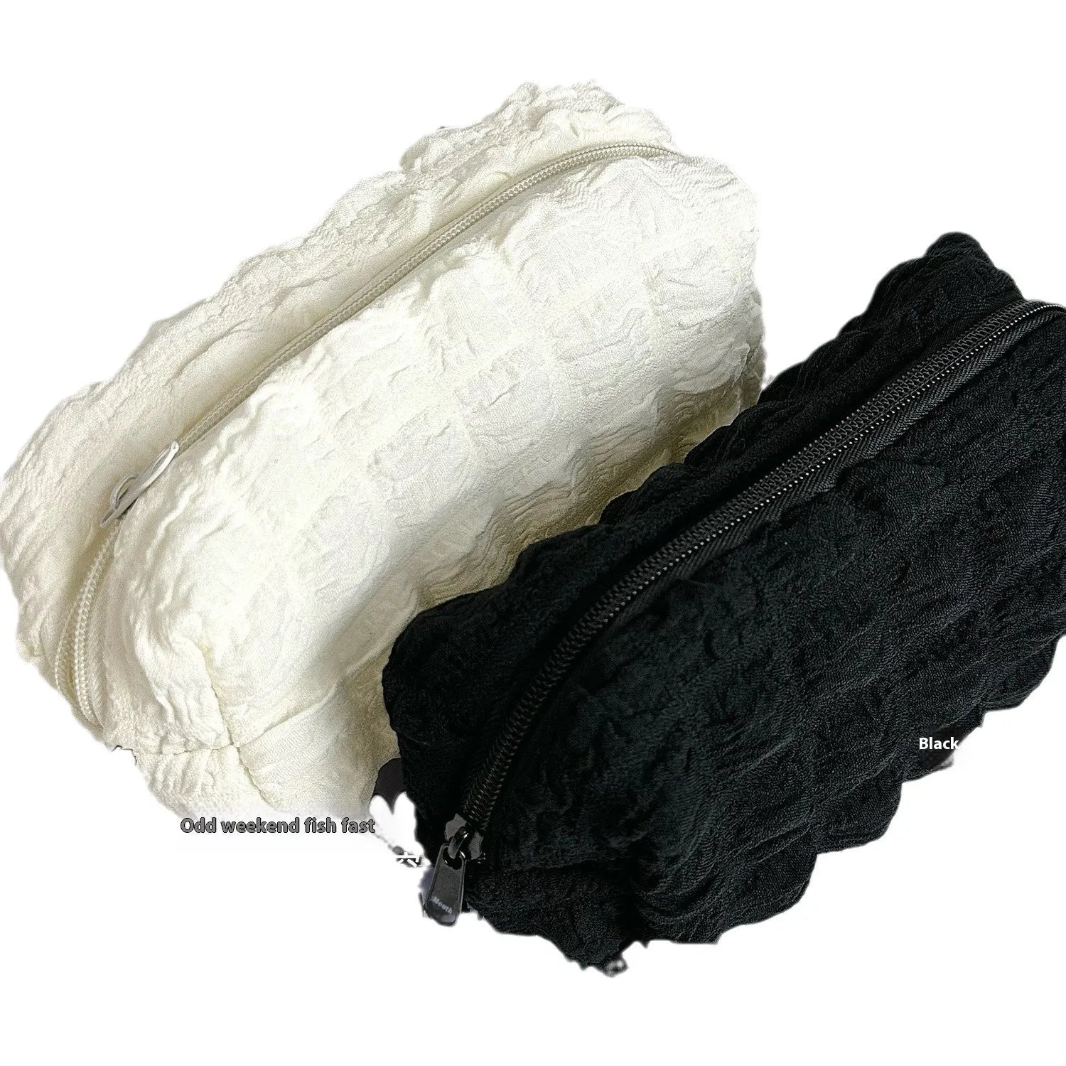 Beige and black fabric pencil case with cream puff design for pen and pencil storage