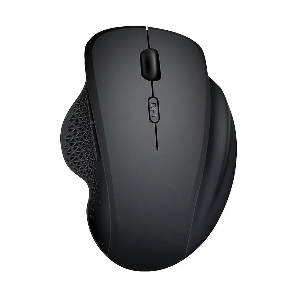 Grey wireless laptop mouse with USB charging cable on desk surface