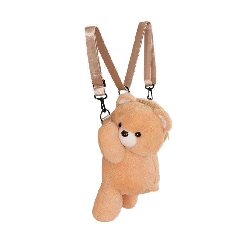 Cartoon bear lying plush doll crossbody bag in beige with airpillow strap