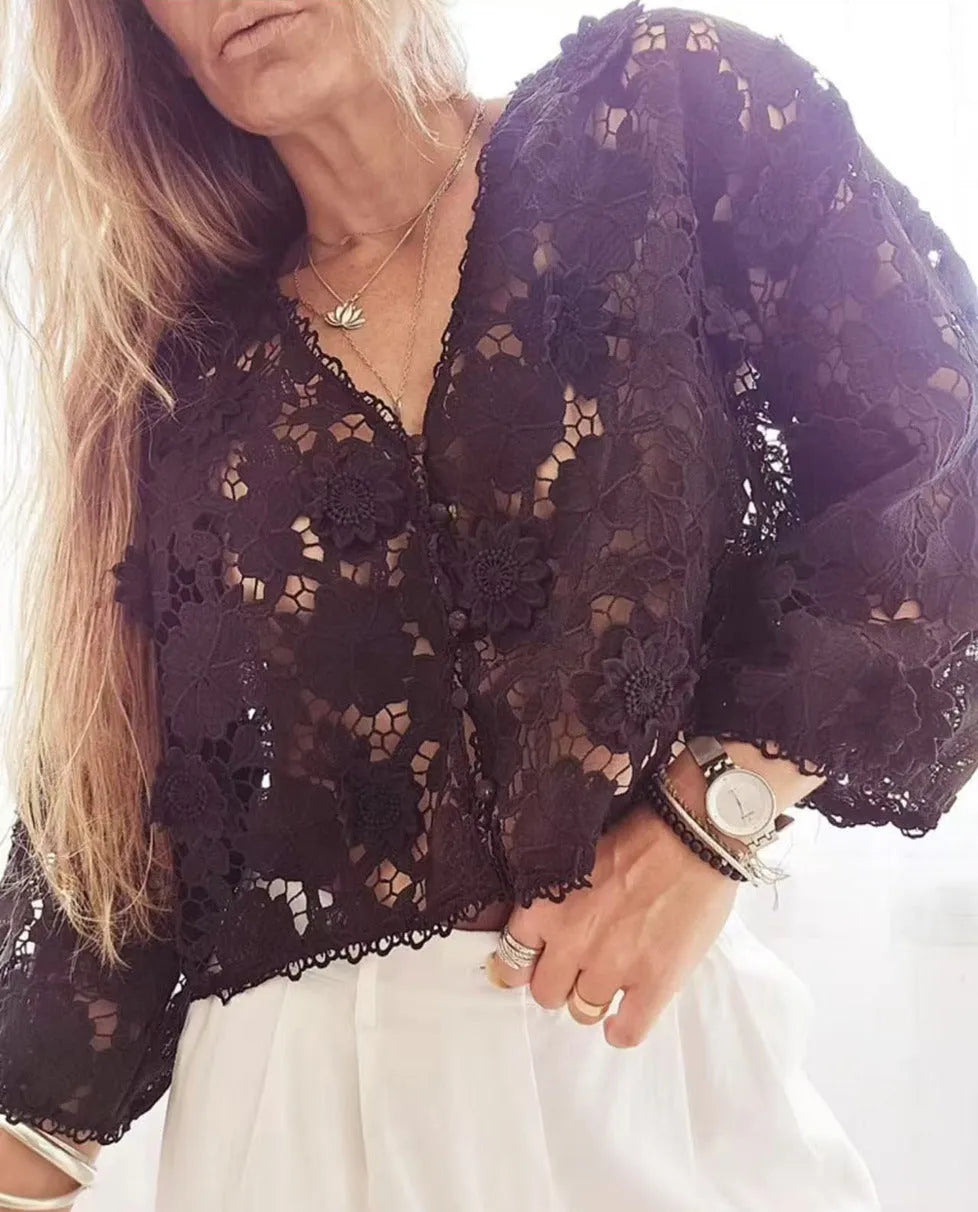 Women's loose fit V-neck lace cardigan with 3D flower decorations and hollow long sleeves in black.