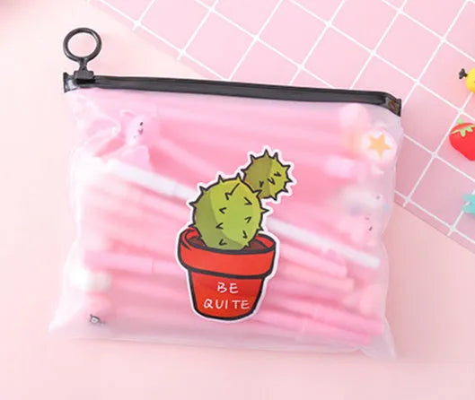 Marvel cartoon pen set showing 20 black 0.5mm pens in cactus-themed plastic storage case