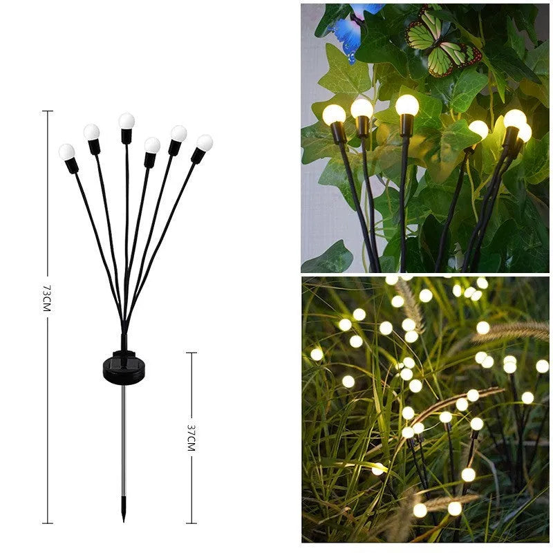 Solar-powered LED firefly garden light with multiple heads and a ground stake.