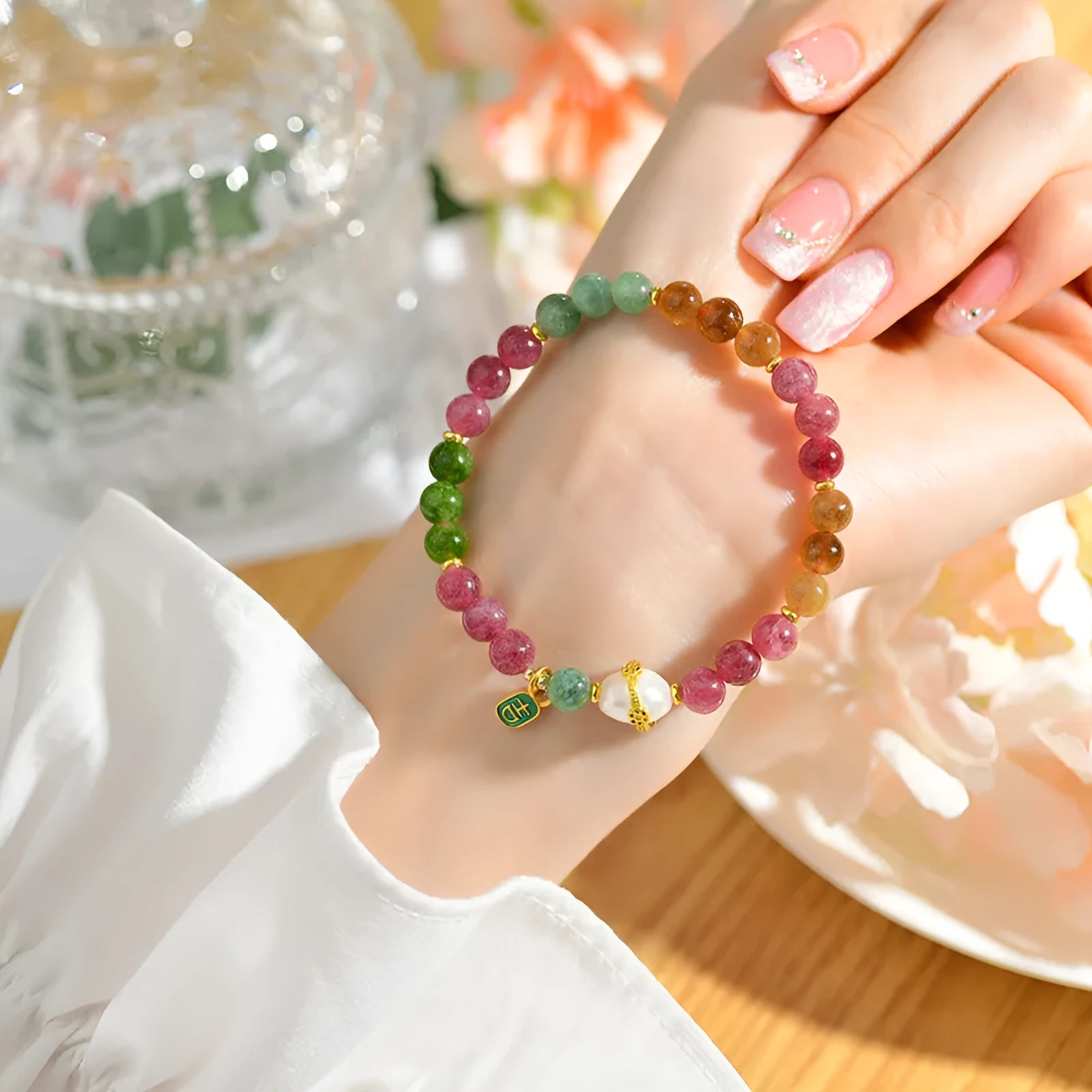 Geometric chalcedony and tourmaline crystal bracelet with 6.5mm beads