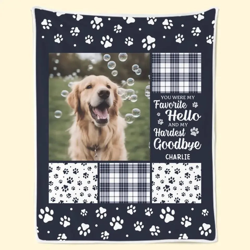White polyester flannel dog blanket laid flat, showing soft texture and available size options.