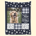White polyester flannel dog blanket laid flat, showing soft texture and available size options.