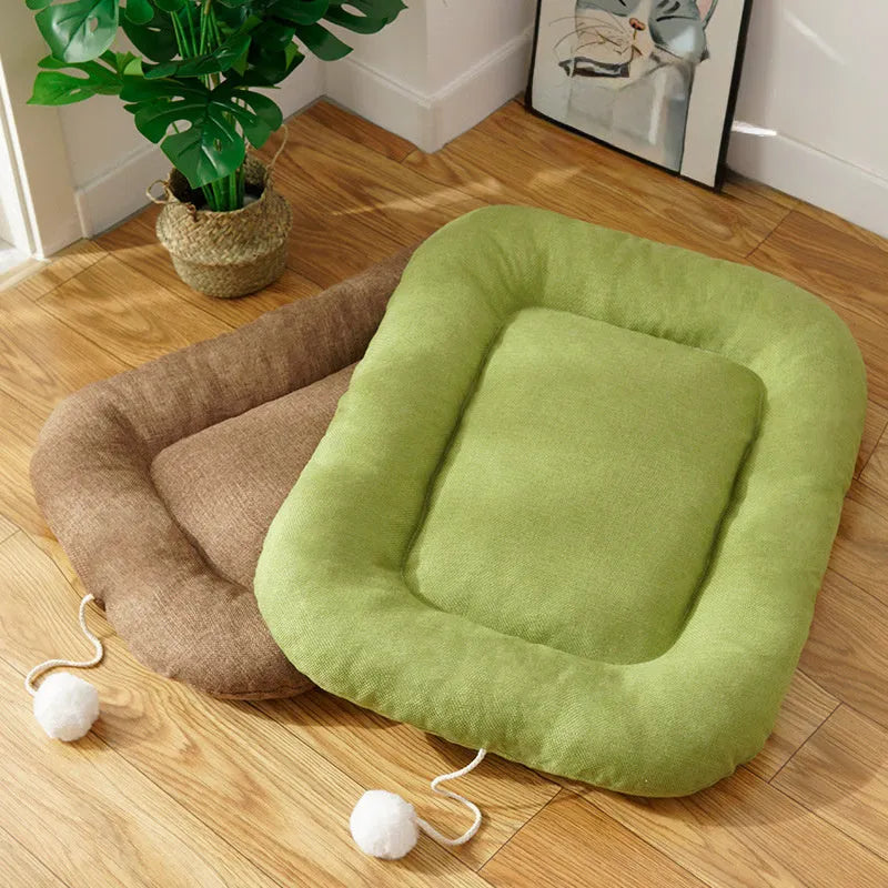 Brown and green dog kennel cushion with cooling pad for summer comfort in four size options