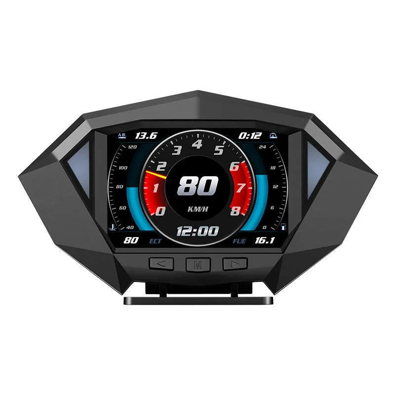 P1 model black vehicle head-up display unit with LCD screen, OBD cable, and anti-slip pad.