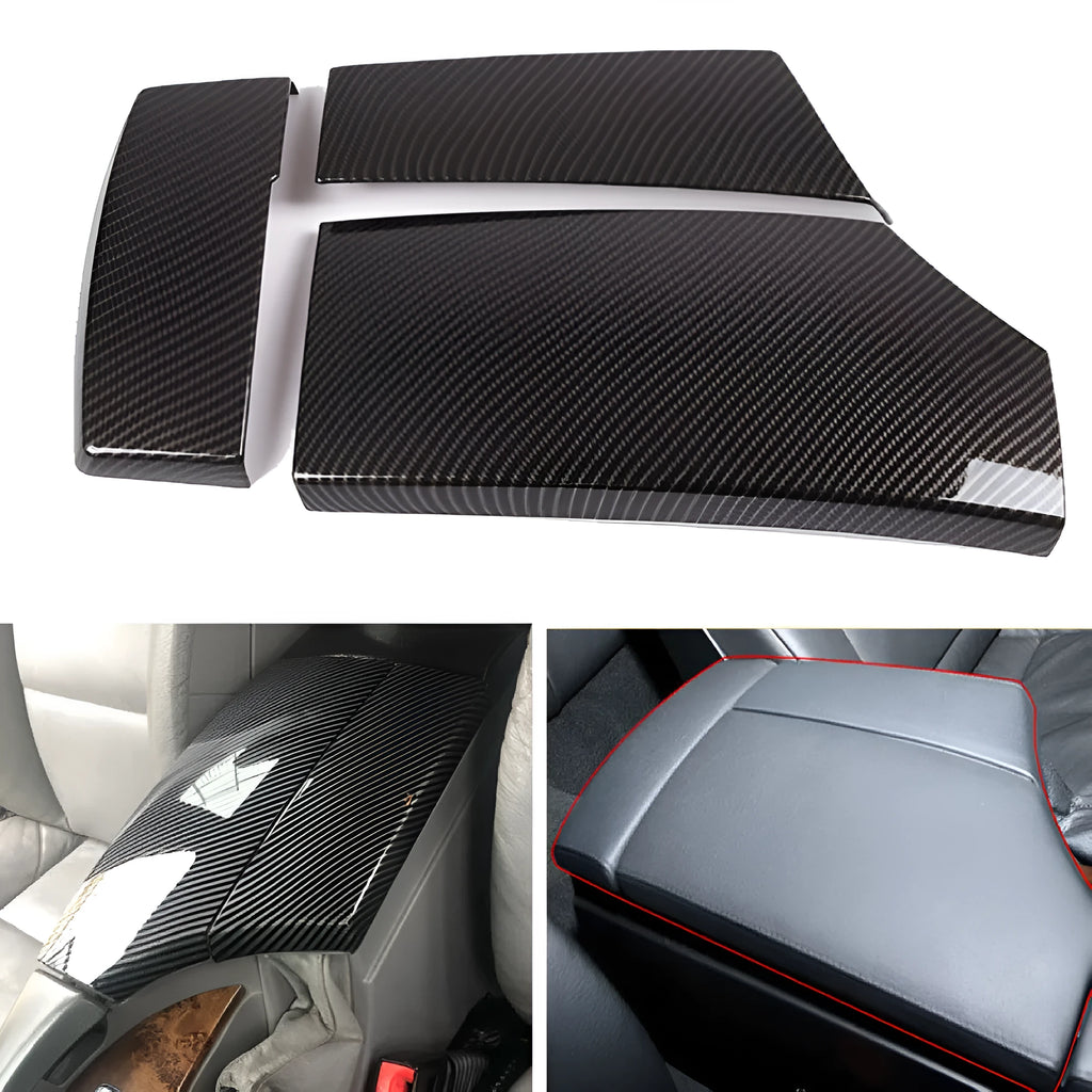 Three ABS carbon fibre pattern armrest box protective covers showing diagonal weave and shiny surface