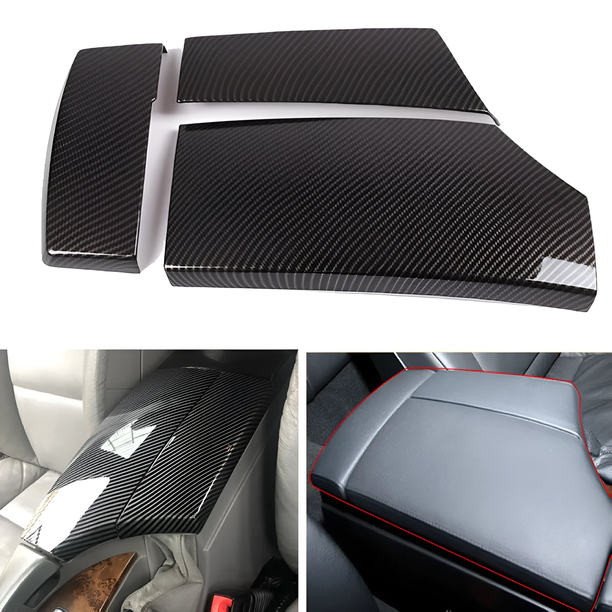 Three ABS carbon fibre pattern armrest box protective covers showing diagonal weave and shiny surface