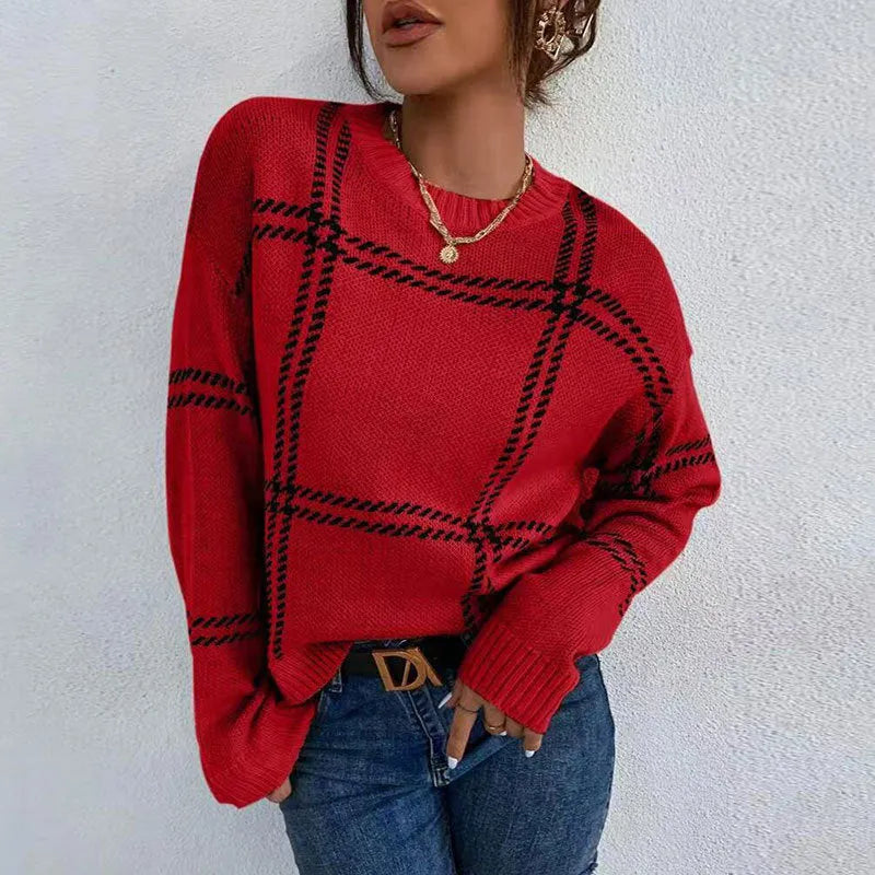 Women's casual plaid colour-block crew neck sweater in acrylic fabric with regular sleeves