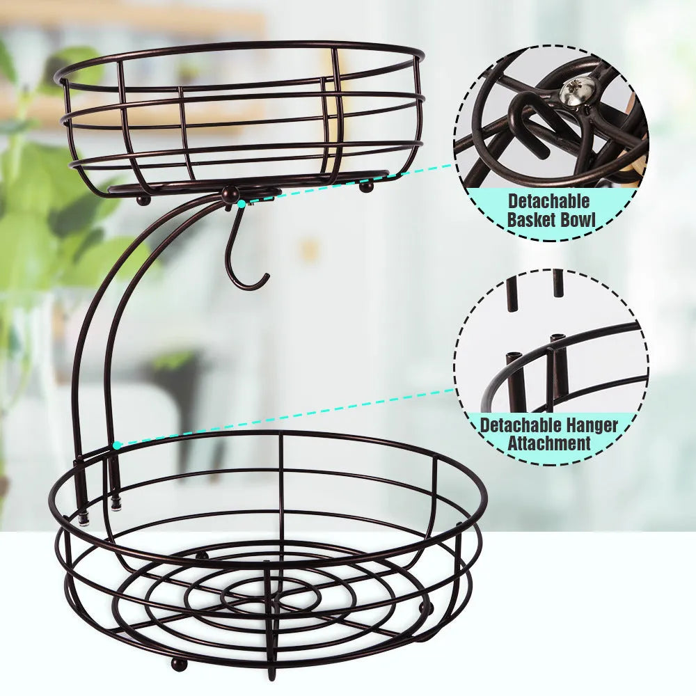 Double-layer wrought iron fruit basket with open wire sides in black or gold finish