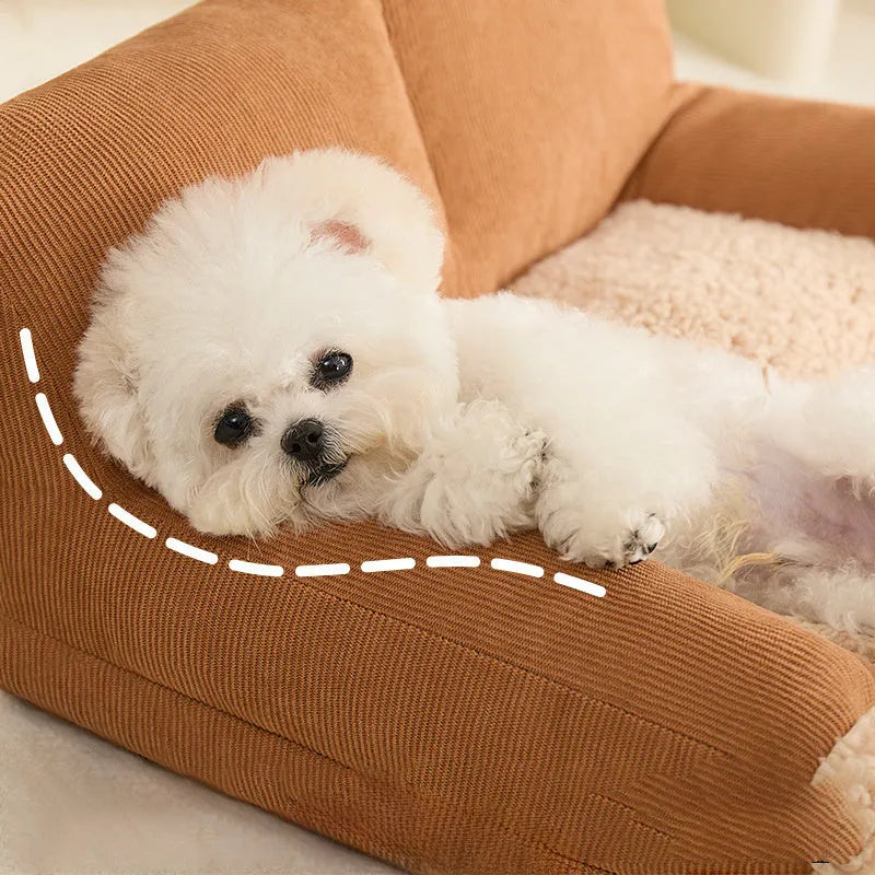 Small brown and grey fabric dog kennel bed with a plush cushion inside, showing its non-slip base.