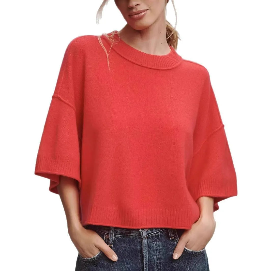 Red viscose fibre T-shirt with navel exposure design and regular sleeves in hot girl style