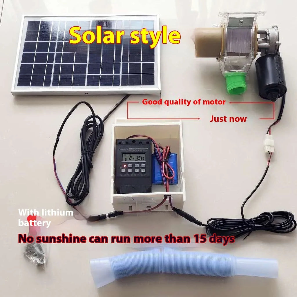 Solar panel automatic chicken and duck feeding machine with timer display and watertight casing.