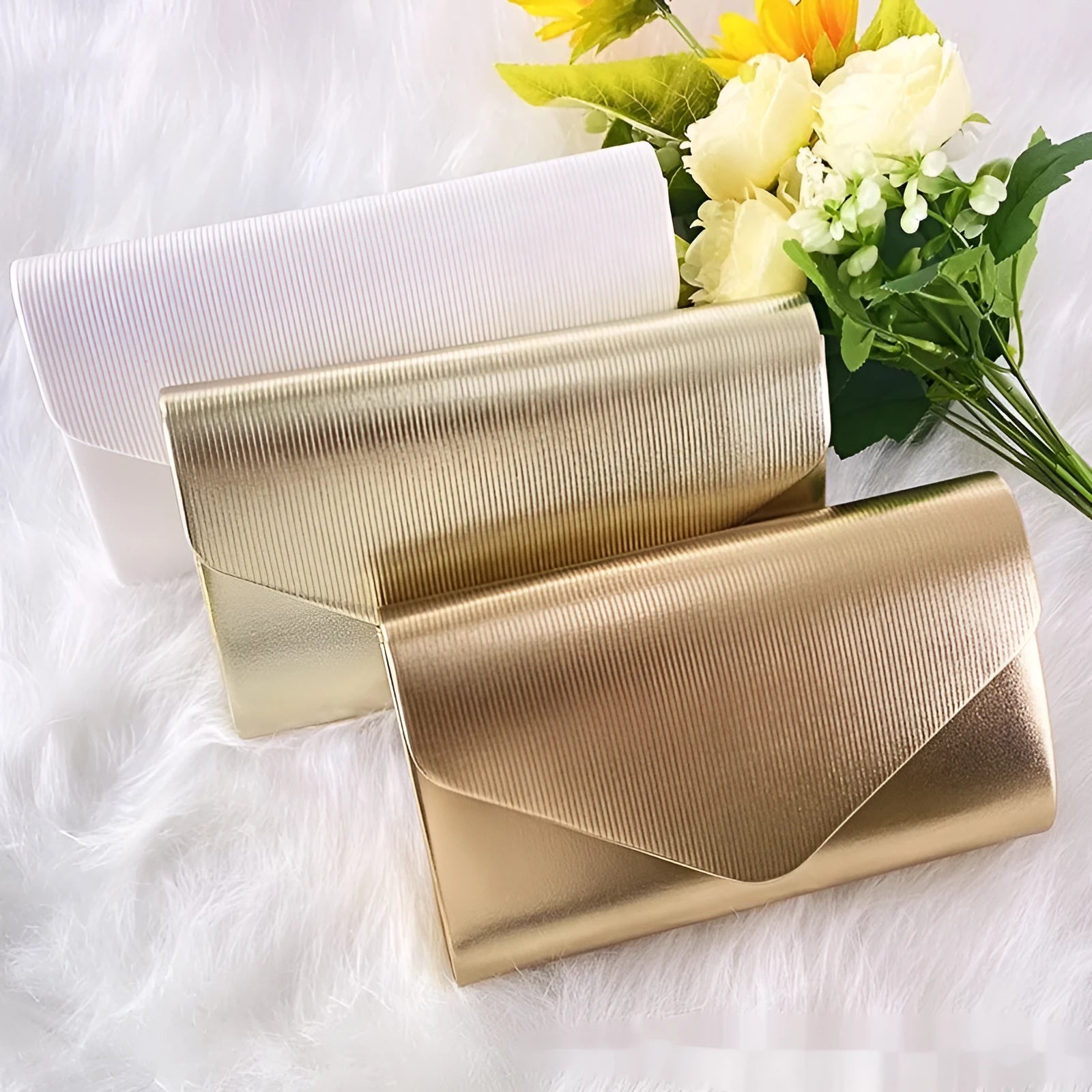 Women's shiny PU large capacity clutch bag in Champagne, horizontal square shape with sandwich pocket