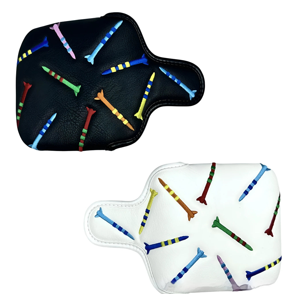 Black square golf putter protective sleeve with white rocket pattern design.