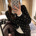 Women's Korean-style grey knitted cardigan with crocheted floral details and long sleeves for autumn wear