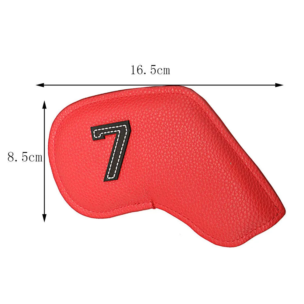 Set of 10 minimally digital printed PU golf club headcovers with a sporty outdoor storage bag.