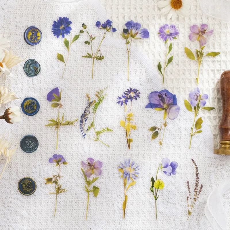 Set of 40 dried flower theme decorative stickers in eight colour styles including purple, blue, orange, and pink.