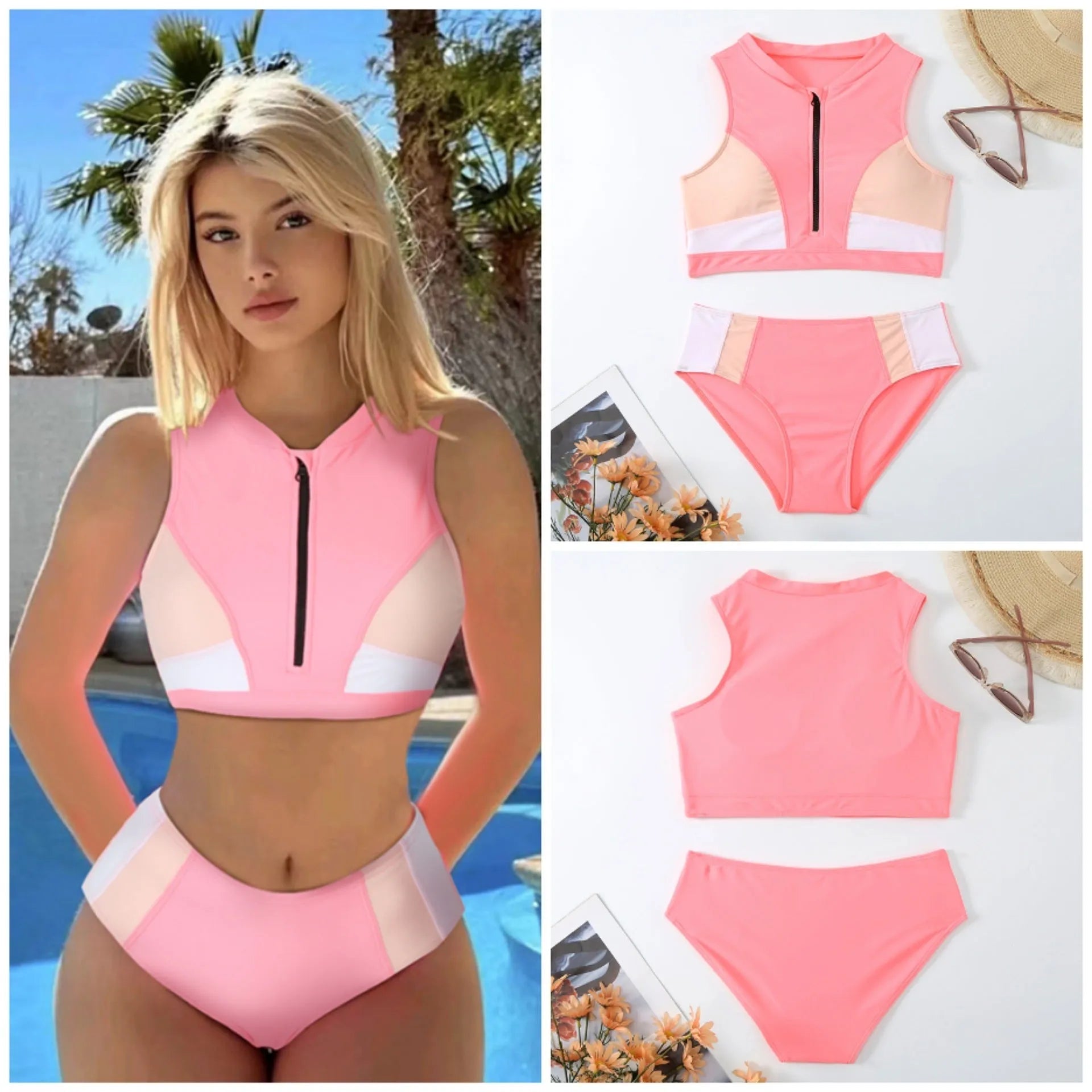 Pink high waist split bikini swimsuit with briefs style on mannequin showing European fit