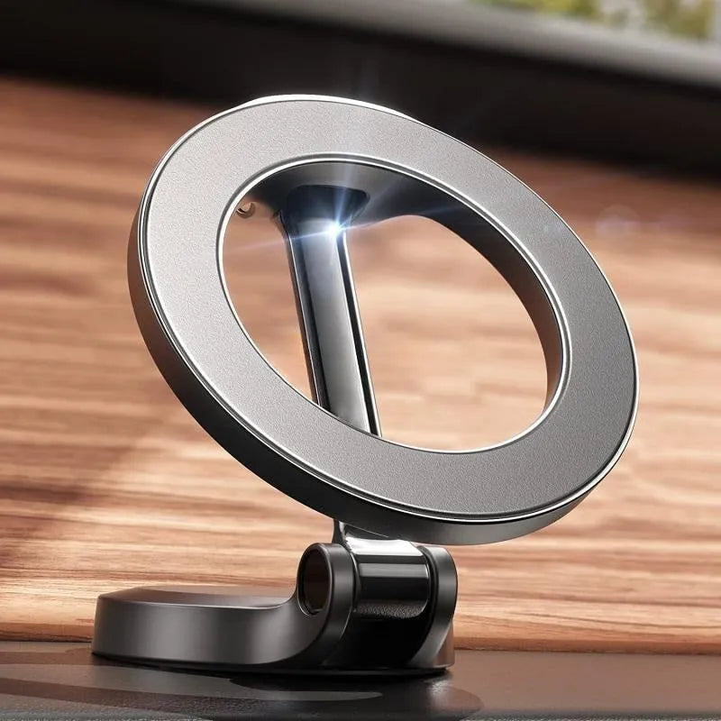 All-metal magnetic car phone mount with foldable design on car dashboard