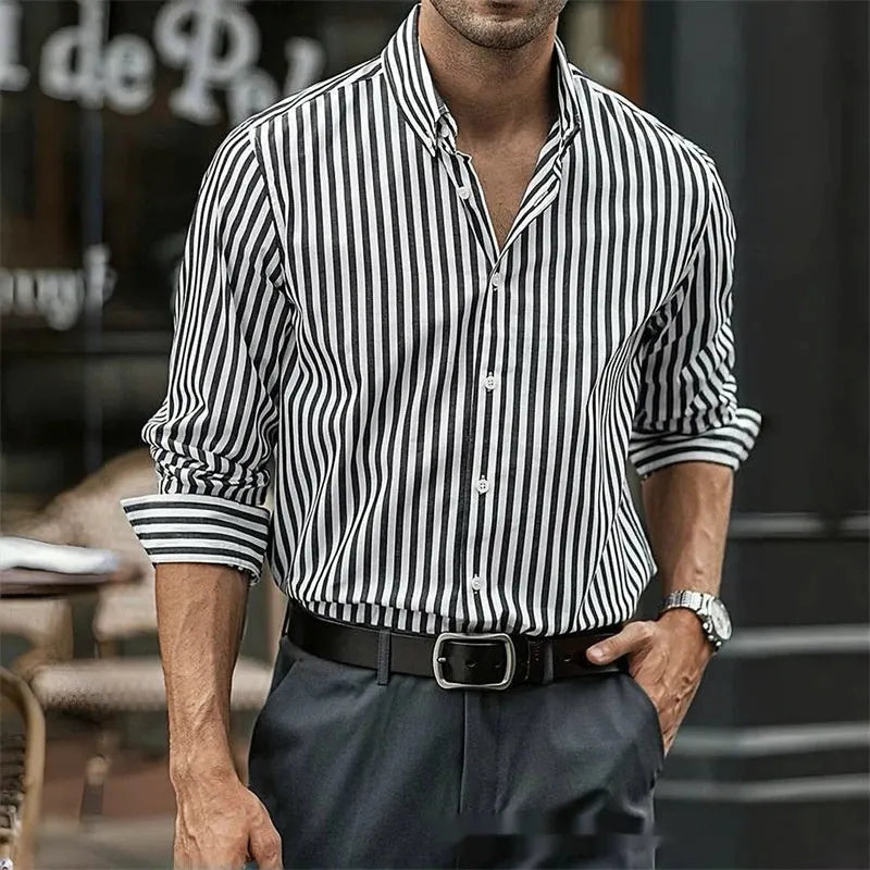 Men's loose casual striped button shirt in polyester fabric for spring autumn wear