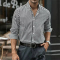 Men's loose casual striped button shirt in polyester fabric for spring autumn wear