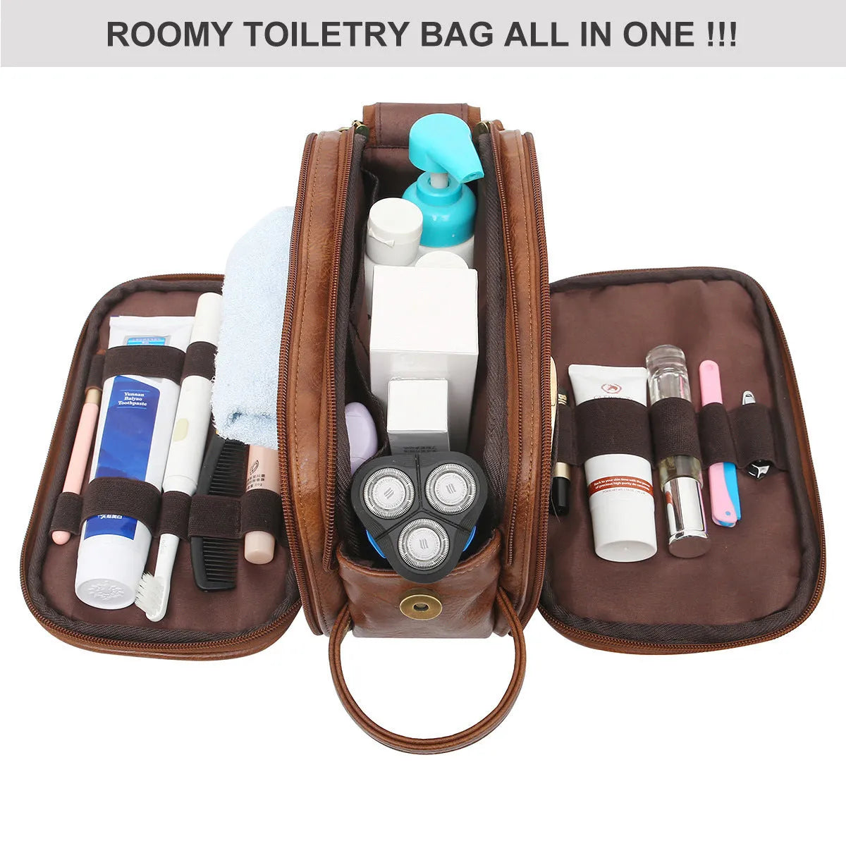Men's black PU leather toiletry bag with water-resistant zipper and interior mesh pockets open