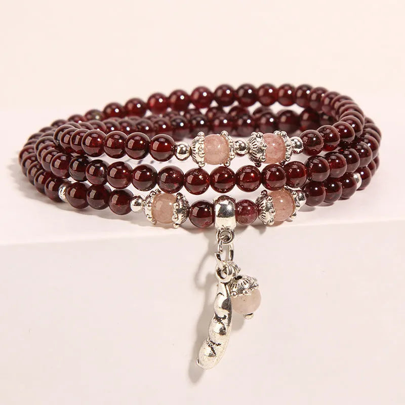 Women's wine red garnet crystal bracelet with flower-shaped pendant in bohemian ethnic style