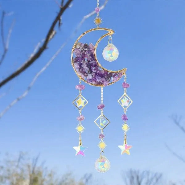 K9 crystal moon-shaped pendant on a 420mm cord for car rear-view mirror decoration.