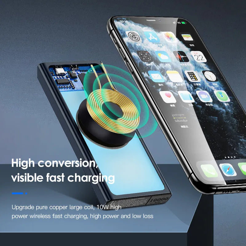 Black and blue square aluminum wireless charging power bank with integrated plug.