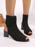 Women's 668 fish mouth pointed-toe hollowed knit chunky heel ankle boots in black and khaki
