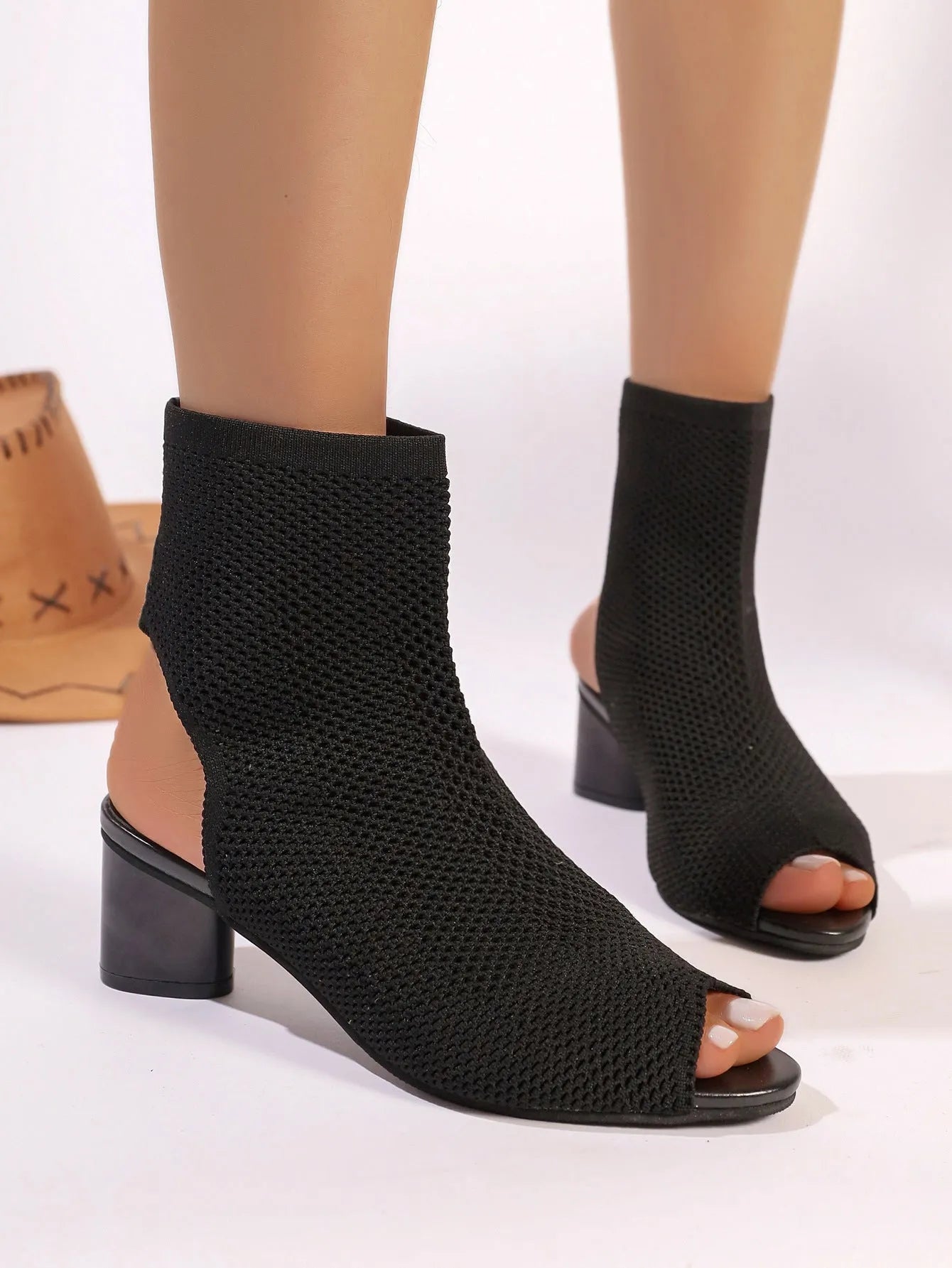 Women's 668 fish mouth pointed-toe hollowed knit chunky heel ankle boots in black and khaki