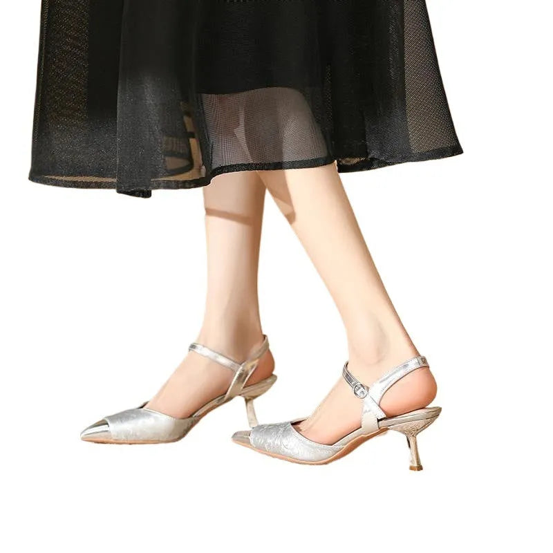 Women's genuine leather high-heeled sandals with pointed toe and 6cm heel in multiple colour options