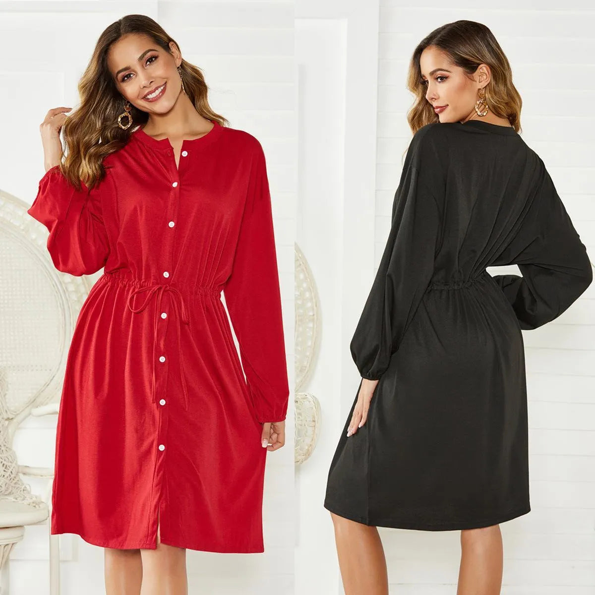 Women's solid colour A-line midi dress with long sleeves and an elastic waistband with a belt.