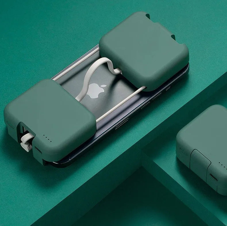 Red multi-function bracket mobile power supply showing USB-C and Lightning ports and integrated phone holder.