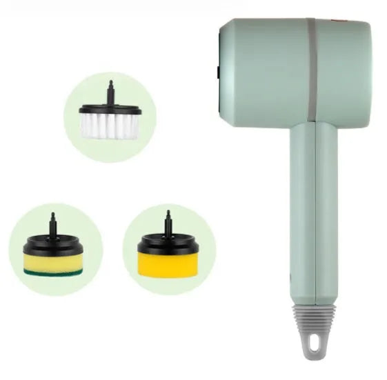 White rechargeable electric cleaning brush with multiple scrubber heads on a kitchen worktop.