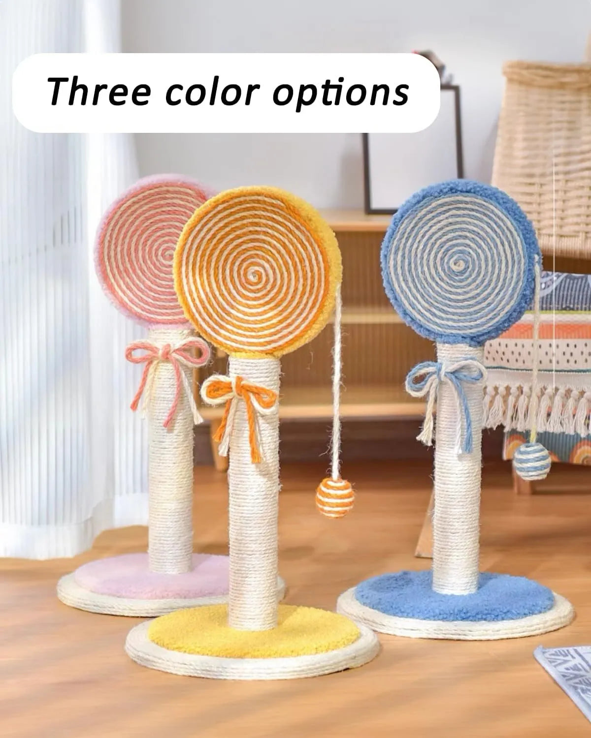 Blue cat scratching post with natural sisal rope and a hanging ball toy on a stable wooden base.