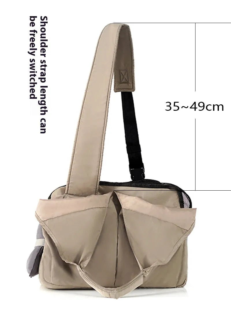 Apricot cloth pet carrier handbag showing dimensions and breathable construction