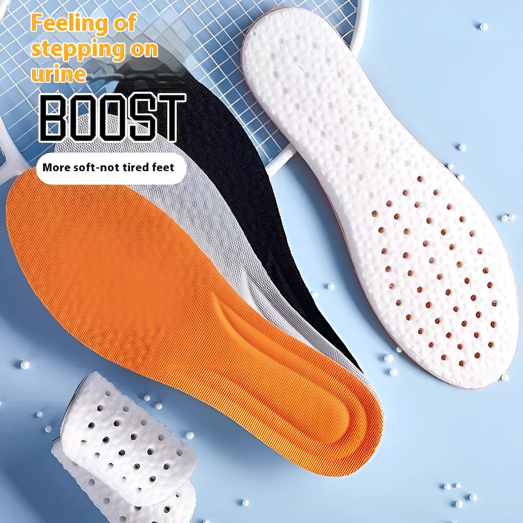 Grey, black, and orange cuttable breathable sports insoles made from PU foam.