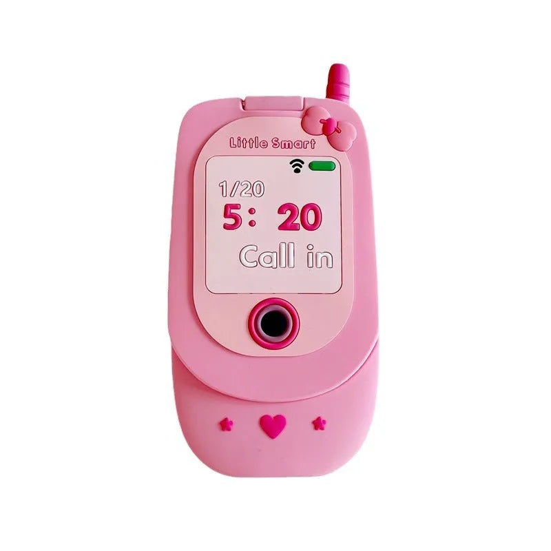 Light pink silicone iPhone case with a built-in cosmetic mirror, showing a cute cartoon design.