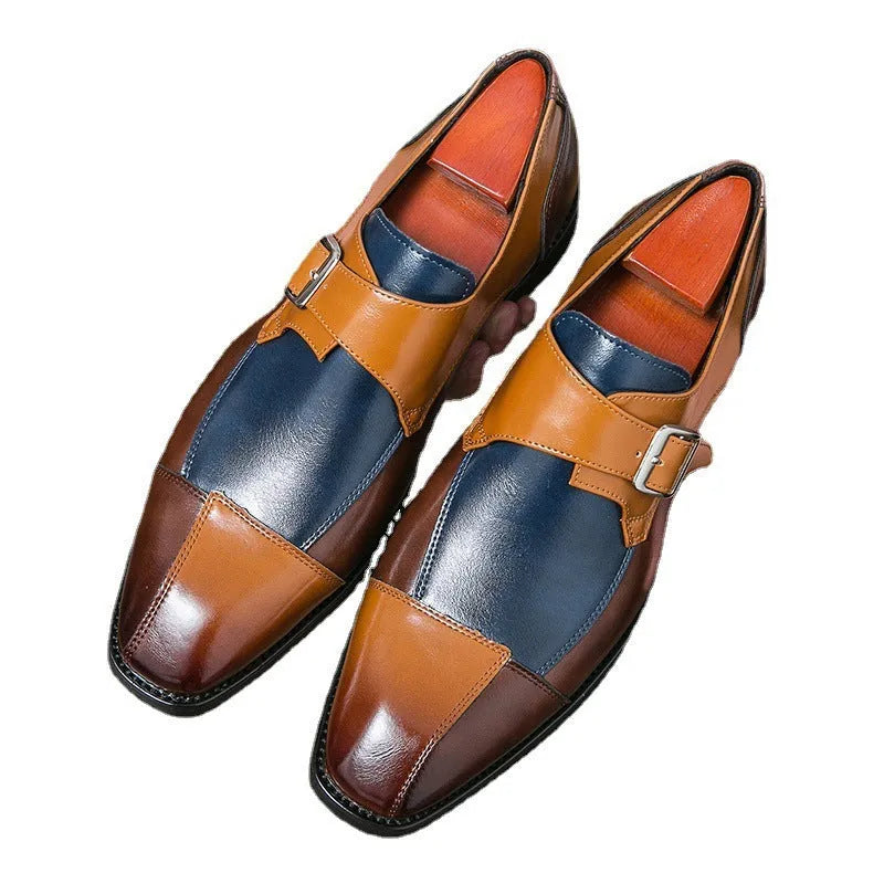 Men's brown blue retro casual leather shoes with buckle detail and tall crown height