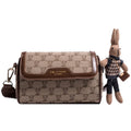 Khaki canvas square shoulder bag with cute bear design, woven letter and stitching details, 21x13x10cm